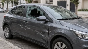Carro estacionado com vidro quebrado e riscos na lataria após vandalismo