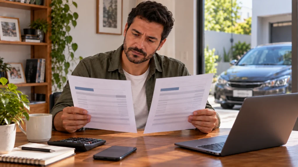 Motorista comparando propostas de renovação do seguro auto após um ano sem sinistro