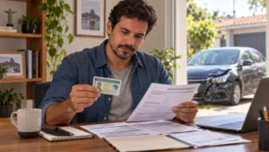 Motorista analisando CNH vencida e documentos após sinistro de trânsito