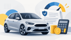 Documentos de seguro, chave de carro e tela com gráficos representam cálculo de indenização por referência de valor.