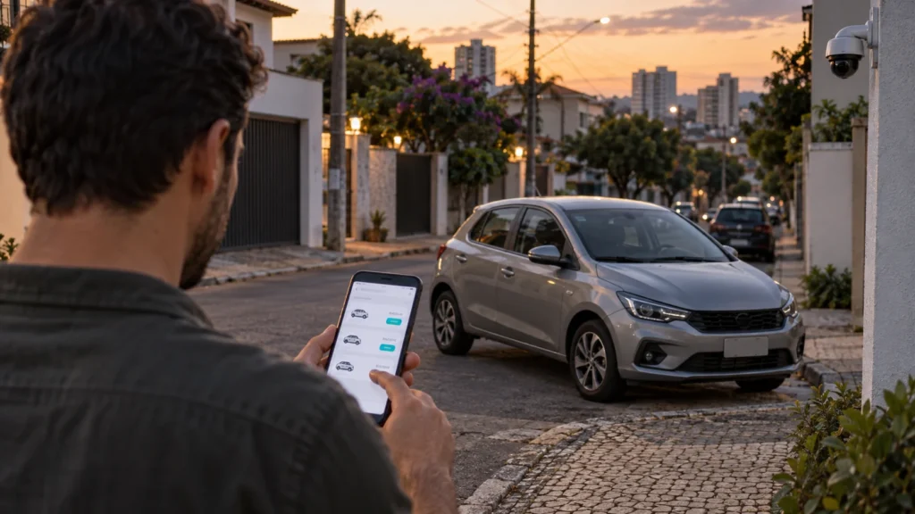Motorista compara cotação de seguro ao lado de carro estacionado em rua urbana