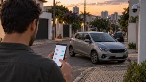 Motorista compara cotação de seguro ao lado de carro estacionado em rua urbana