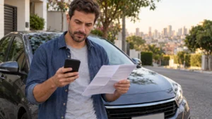 Motorista consulta cobrança do seguro no celular ao lado do carro