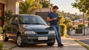 Carro usado mais antigo bem conservado enquanto proprietário compara seguro auto