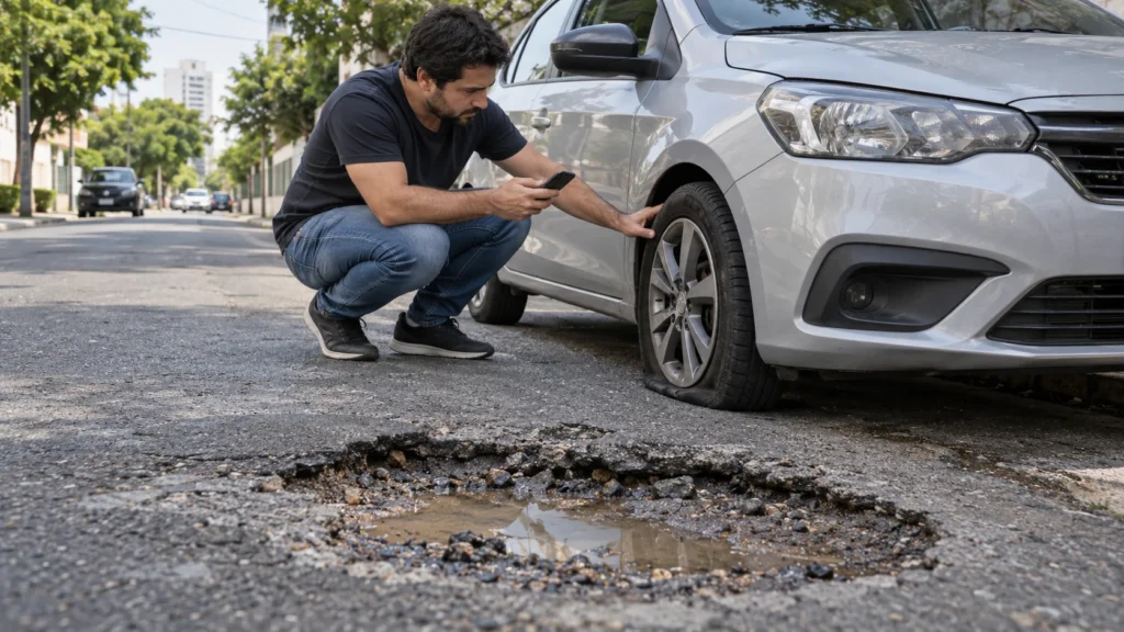 Motorista fotografa dano no carro para saber se seguro cobre buraco na rua
