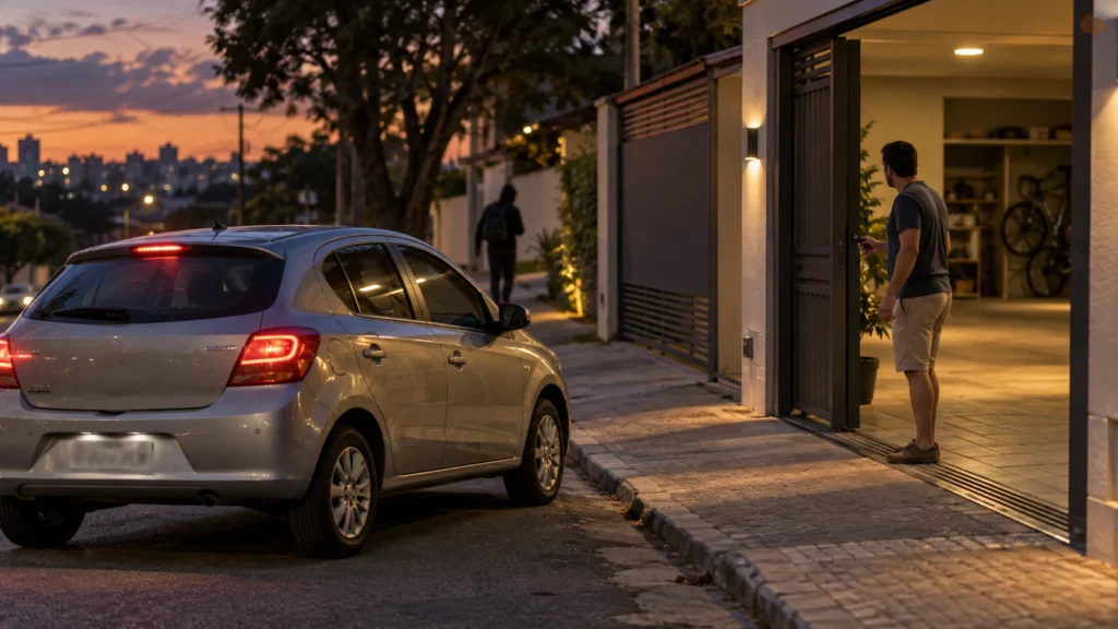 Carro ligado diante de portão residencial aberto enquanto motorista entra na garagem