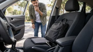 Mochila, notebook e celular visíveis no banco dianteiro de um carro