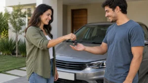 Mulher entrega a chave do carro a outro motorista diante da garagem