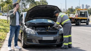 Motorista verifica se seguro cobre pane mecânica enquanto técnico inspeciona o carro