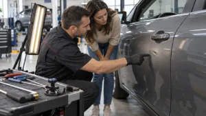 Técnico mostra pequeno amassado e risco na porta do carro dentro da oficina