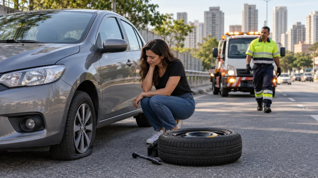 Motorista ao lado de pneu furado com estepe e assistência chegando