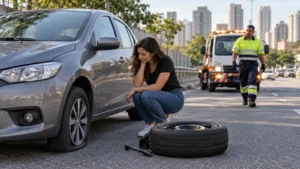 Motorista ao lado de pneu furado com estepe e assistência chegando